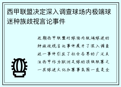 西甲联盟决定深入调查球场内极端球迷种族歧视言论事件 西甲联盟决定深入调查球场内极端球迷种族歧视言论事件