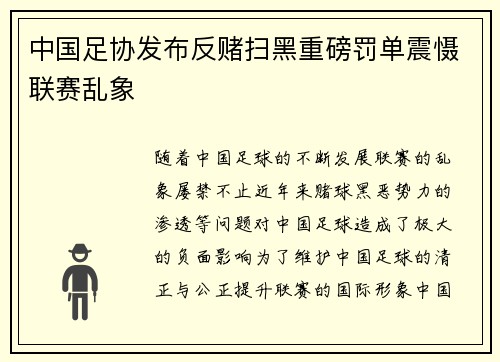 中国足协发布反赌扫黑重磅罚单震慑联赛乱象 中国足协发布反赌扫黑重磅罚单震慑联赛乱象